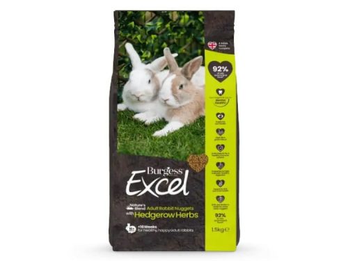 Burgess Excel Nature's Blend Adult Rabbit Nuggets med Hedgerow Herbs, 1,5 kg pose, specielt udviklet til voksne kaniner med høj fiberindhold og velsmagende urter for sund fordøjelse og velvære.