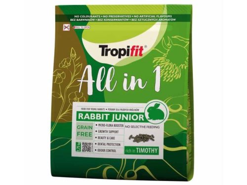 Tropifit Rabbit Junior All in 1 foder til unge kaniner, kornfri opskrift, der fremmer mikroflora, vækst, tandpleje og lugtkontrol. Ideel til sund kost og pleje af yngre gnavere.